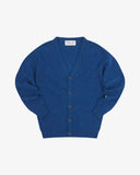Front view of Uskees admiral blue lambswool Harris cardigan showing the 6-button fastening.