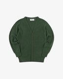 Front view of Uskees moss-green lambswool Harris cardigan.