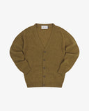 Front view of Uskees olive-green lambswool Harris cardigan showing the 6-button fastening.
