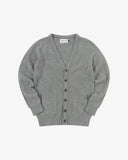 Front view of Uskees stone-grey lambswool Harris cardigan.