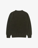 Back flat view of dark green speckled kelp, Alderney crew neck jumper in Scottish new wool. Clear view of drop shoulder design Uskees branding label.