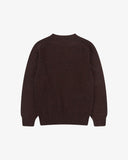 Back flat view of brown speckled walnut, Alderney crew neck jumper in Scottish new wool. Clear view of drop shoulder design Uskees branding label.