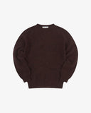 Front flat view of brown speckled walnut, Alderney crew neck jumper in Scottish new wool. Clear view of drop shoulder design Uskees branding label.