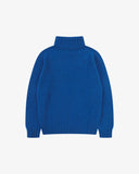 Back view flat shot Uskees ultra blue roll neck lambswool sweater for men on a white background.