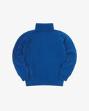 Front flat shot Uskees ultra blue roll neck lambswool sweater for men on a white background.