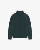 Back view flat shot of Uskees men's  turtleneck sweater in dark green wool on a white background.
