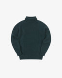 Front flat shot of Uskees roll neck men's sweater in dark green wool on a white background.