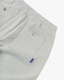 Close-up of gray marl shorts for men showing the elasticated waist, back pockets and metal popper fastening.