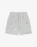 Back view flat shot of Uskees gray marl shorts for men showing elasticated drawstring waist, 2 back pockets and logo tab.