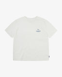 Front flat view of men's white t-shirt with a small Uskees logo on the front.