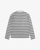 Flat back view of an Uskees striped men's rugby shirt showing the grey/burgundy/blue stripe detail.
