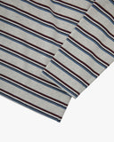 Close up view of an Uskees striped men's rugby shirt showing the grey/burgundy/blue stripe detail.