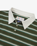 Close up view of an Uskees green and white striped men's rugby shirt showing the white collar and brand label. 