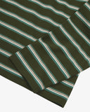 Close up view of an Uskees striped men's rugby shirt showing the white, dark green and light green stripes. 