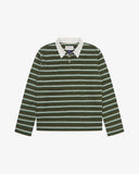 Flat front view of an Uskees green striped men's rugby shirt showing the white collar. 