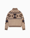 An Uskees beige knit cardigan with a brown and navy blue geometric pattern, shown from the back against a plain white background.