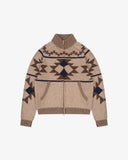 Front view of an Uskees beige knit zip-up cardigan featuring a brown geometric pattern, ribbed collar, cuffs, and hem, displayed on a clean white background.