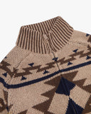 Front view close-up of an Uskees zip front men's cardigan with a brown and beige striped collar, featuring a geometric pattern in brown, beige, and navy blue.
