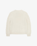 Back flat view of Uskees cream-coloured men's cable knit jumper on a white background.