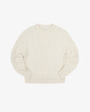 Front flat view of Uskees cream-coloured men's cable knit jumper on a white background.