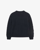 Back flat view of Uskees dark blue men's chunky cable knit jumper. 