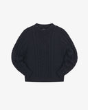 Front flat view of Uskees dark blue men's chunky cable knit jumper. 