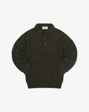 Front flat shot of an Uskees green/brown men's sweater with collar and buttoned placket.