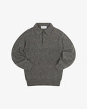 Front flat shot of an Uskees speckled grey men's sweater with a collar and buttoned placket.