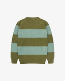Flat back view of an Uskees men's green and blue striped sweater on a white background.