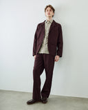 Male model standing against a plain light gray wall wearing an Uskees dark burgundy blazer and matching trousers over a beige and green vertically striped button-down shirt, paired with dark brown leather shoes.