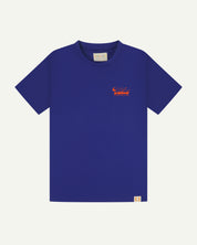 Front flat shot of the uskees men's graphic Tee in ultra blue showing the 'diner' logo in orange