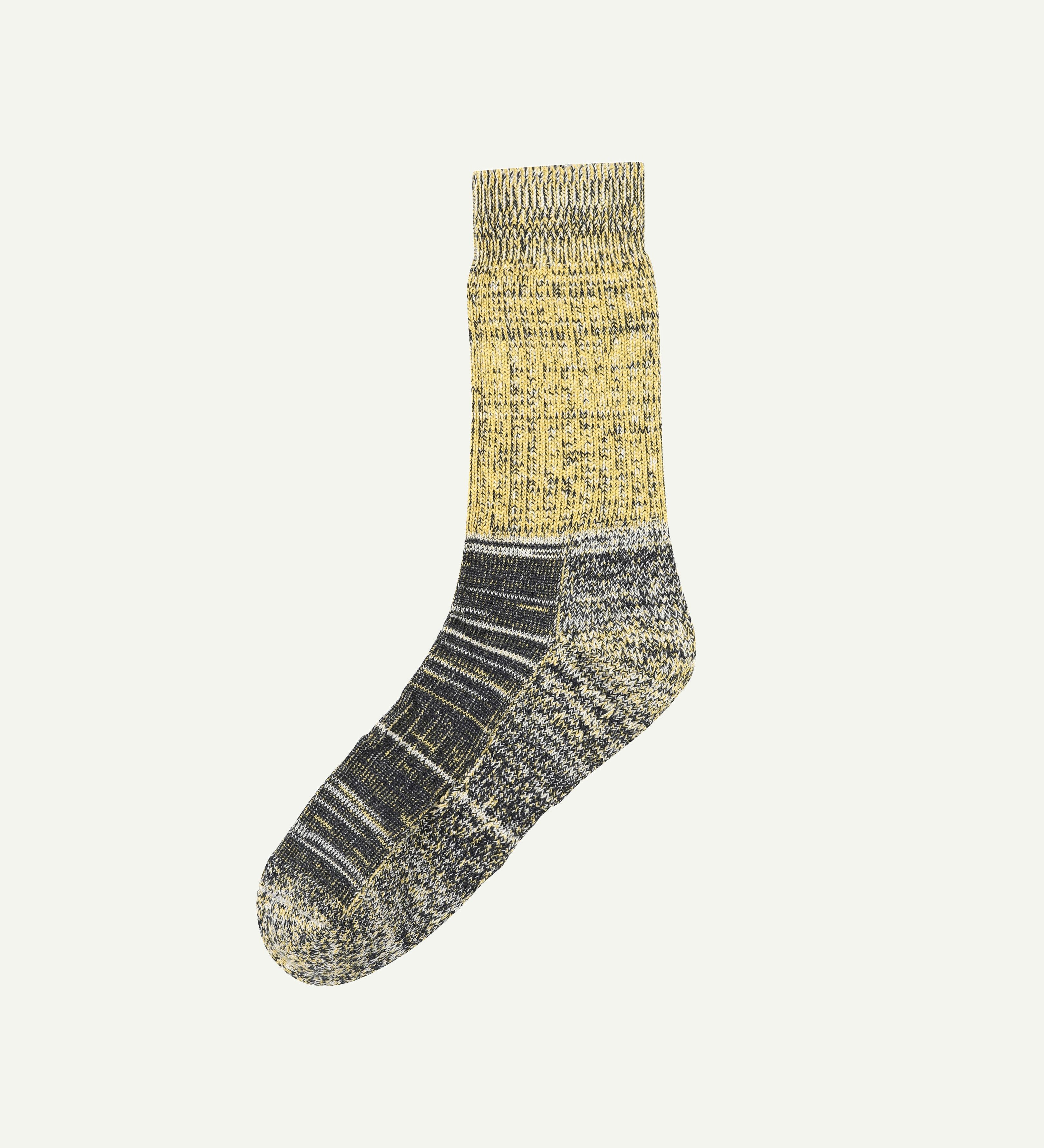 Flat view of Uskees 4006 grapefruit mix organic cotton sock, showing bands of grapefruit-yellow, black and beige.