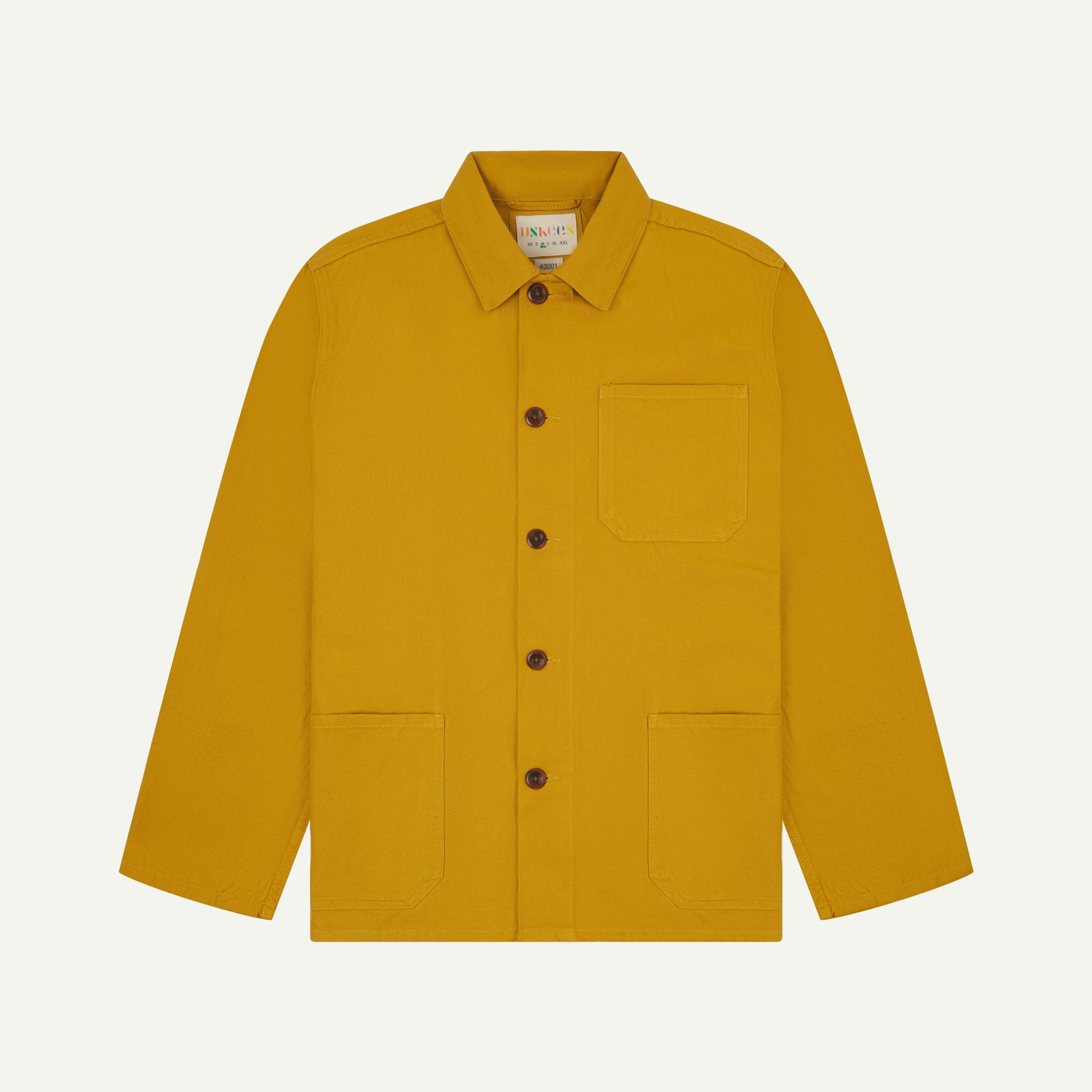 front flat shot of bright yellow, buttoned overshirt for men from Uskees