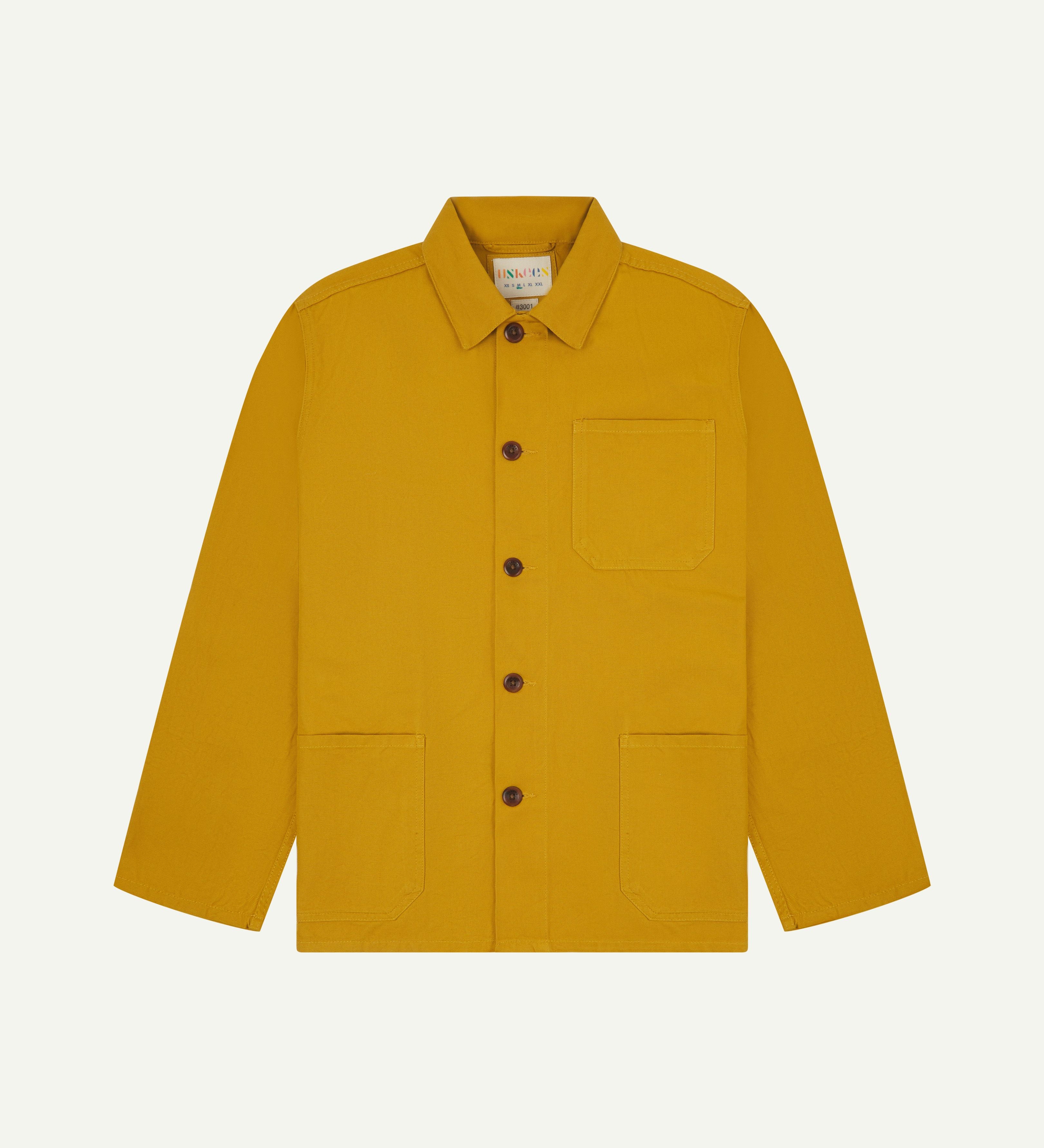 front flat shot of bright yellow, buttoned overshirt for men from Uskees
