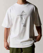 front model shot of the uskees relaxed fit short sleeve graphic T-shirt for men in white showing the 'Jazz Man' line drawing in black