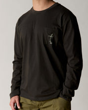 front model shot of the uskees long sleeve graphic T-shirt for men in faded black showing the 'Jazz man' line drawing in cream on the chest pocket