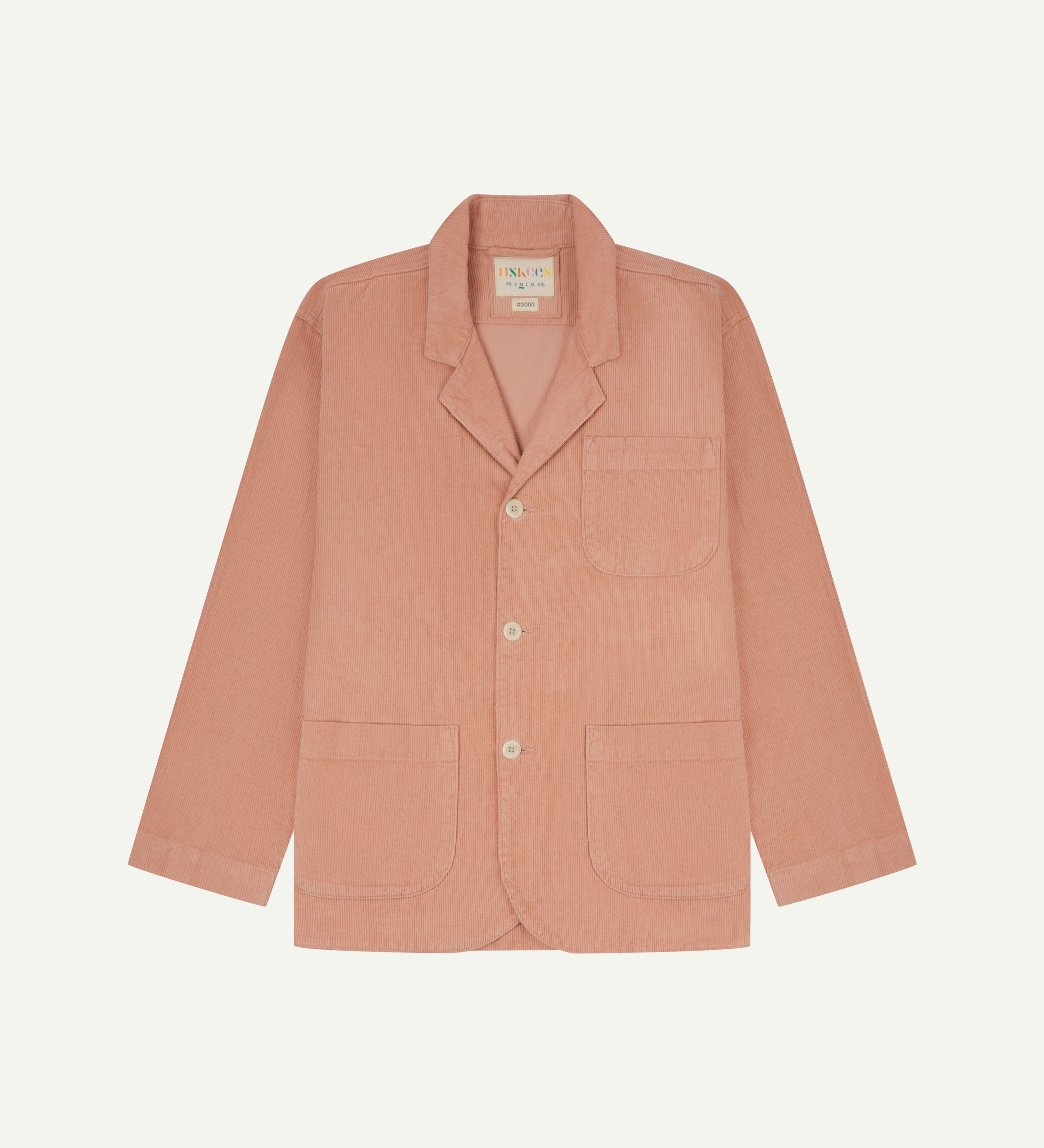 Front flat shot of Uskees pale pink corduroy men's blazer buttoned up