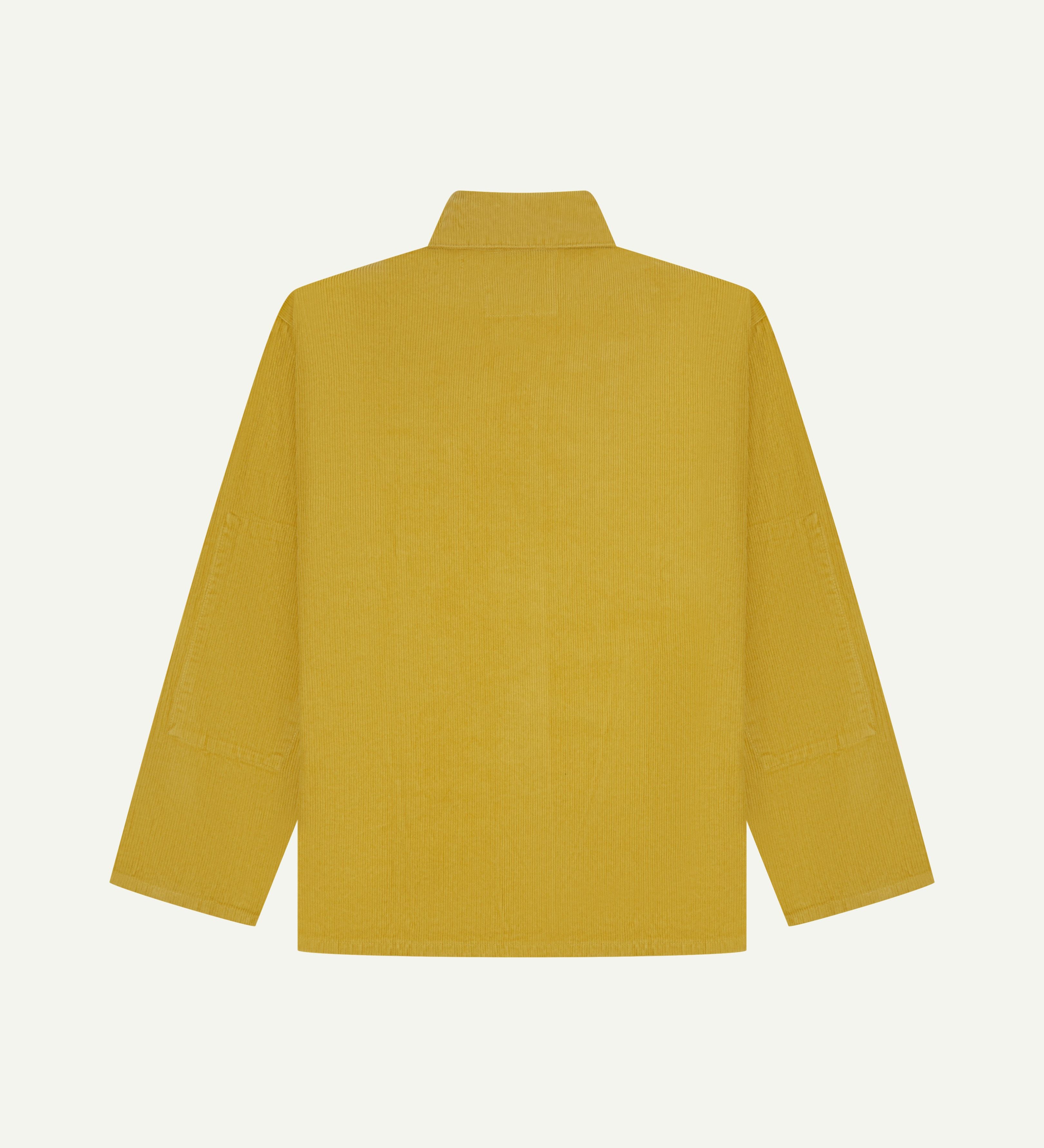 back flat shot of acid yellow coloured, buttoned corduroy men's overshirt from Uskees. 