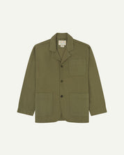 Front view of moss-green organic cotton drill blazer with three patch pockets and view of Uskees branding label