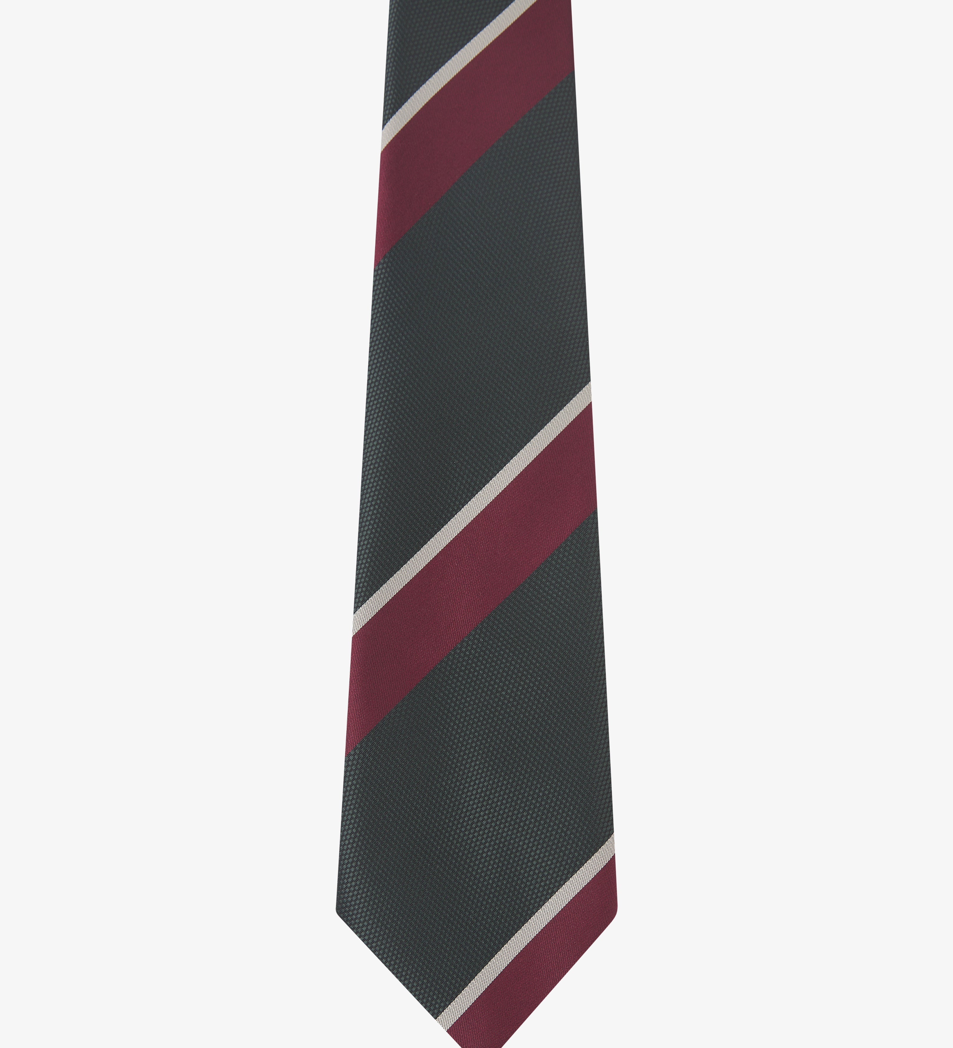 Close view of Uskees striped tie with red and green pattern presented on a white background