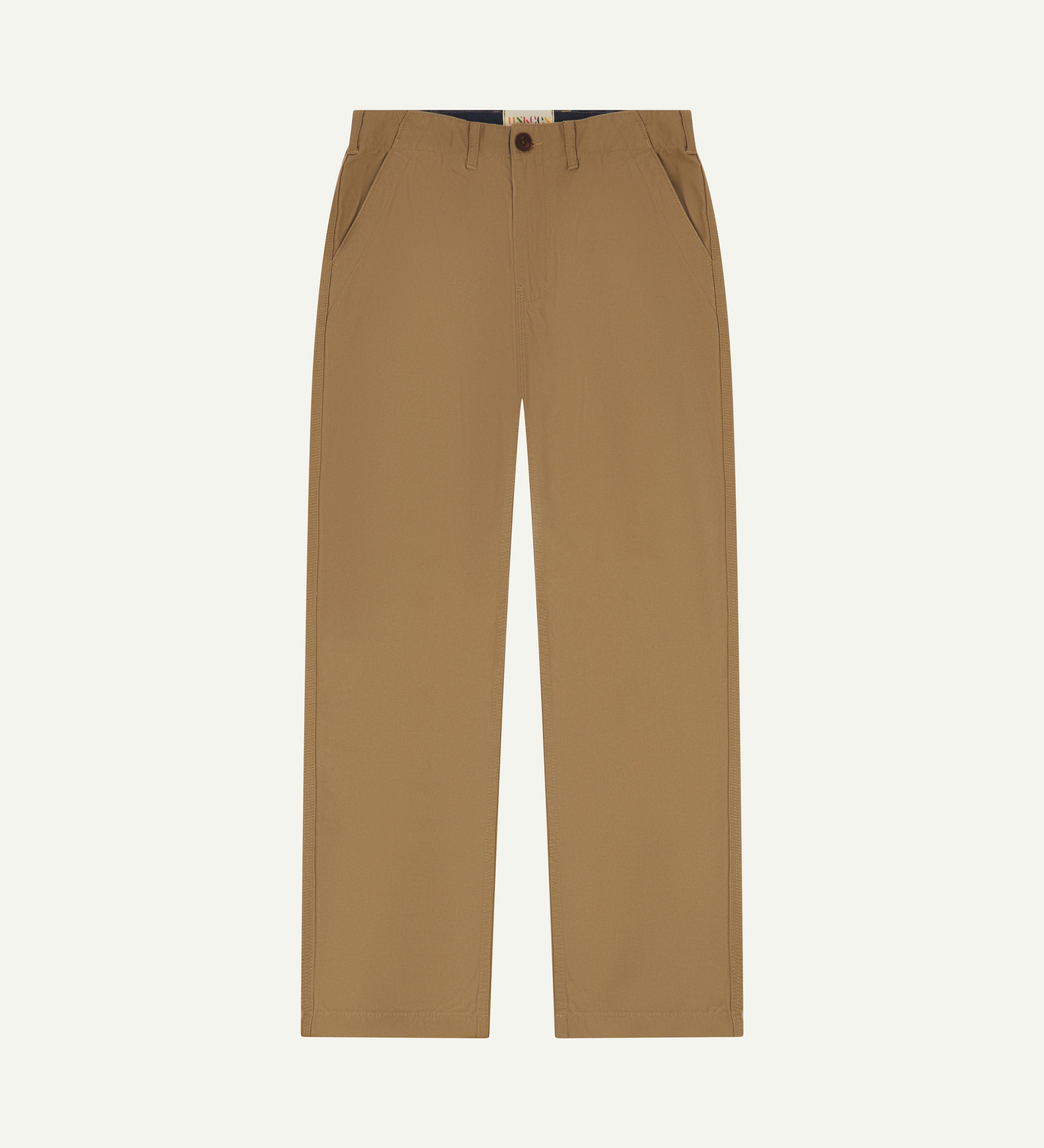 Front flat shot of #5005 Uskees men's organic cotton khaki casual trousers. on white background
