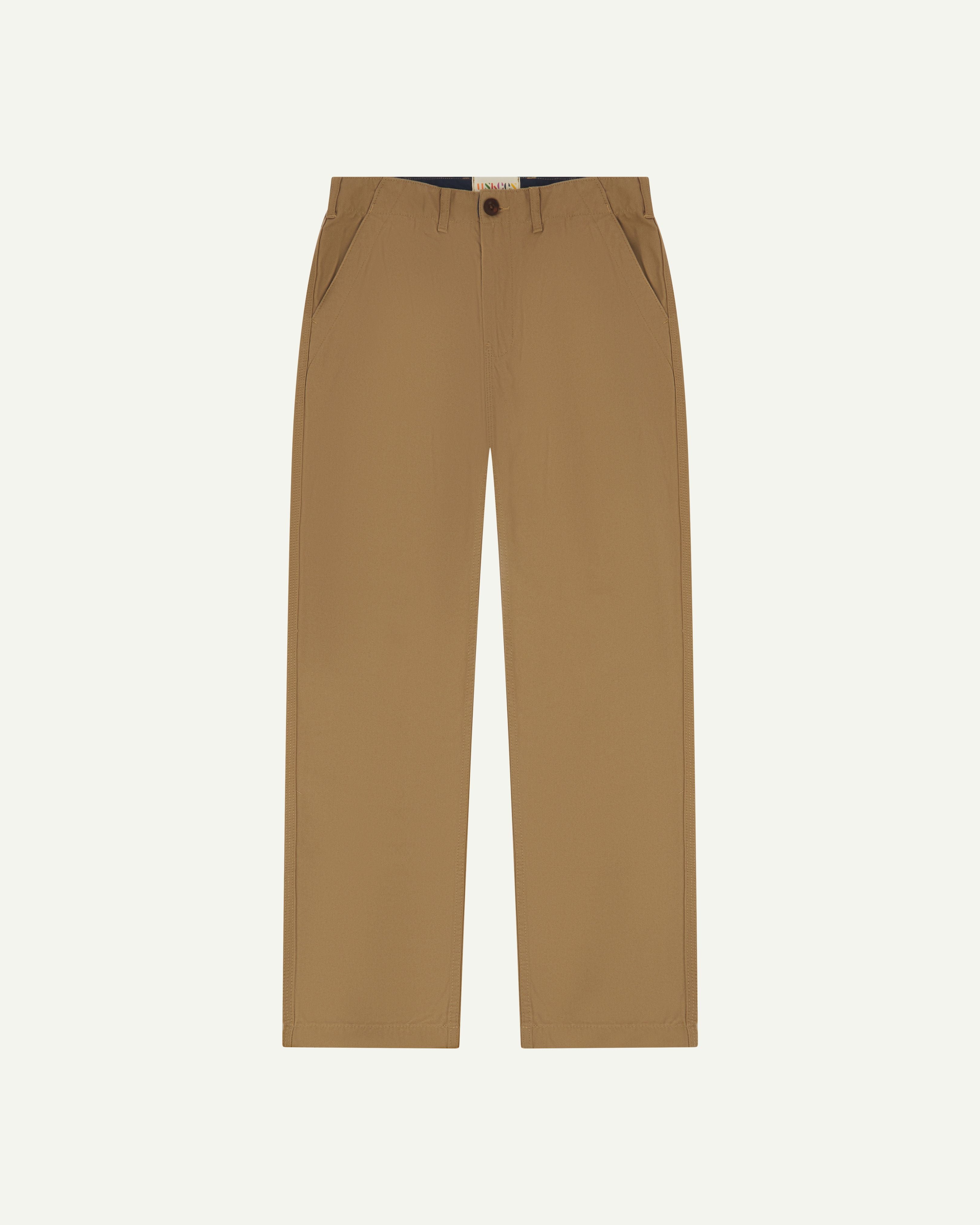 Front flat shot of #5005 Uskees men's organic cotton khaki casual trousers. on white background