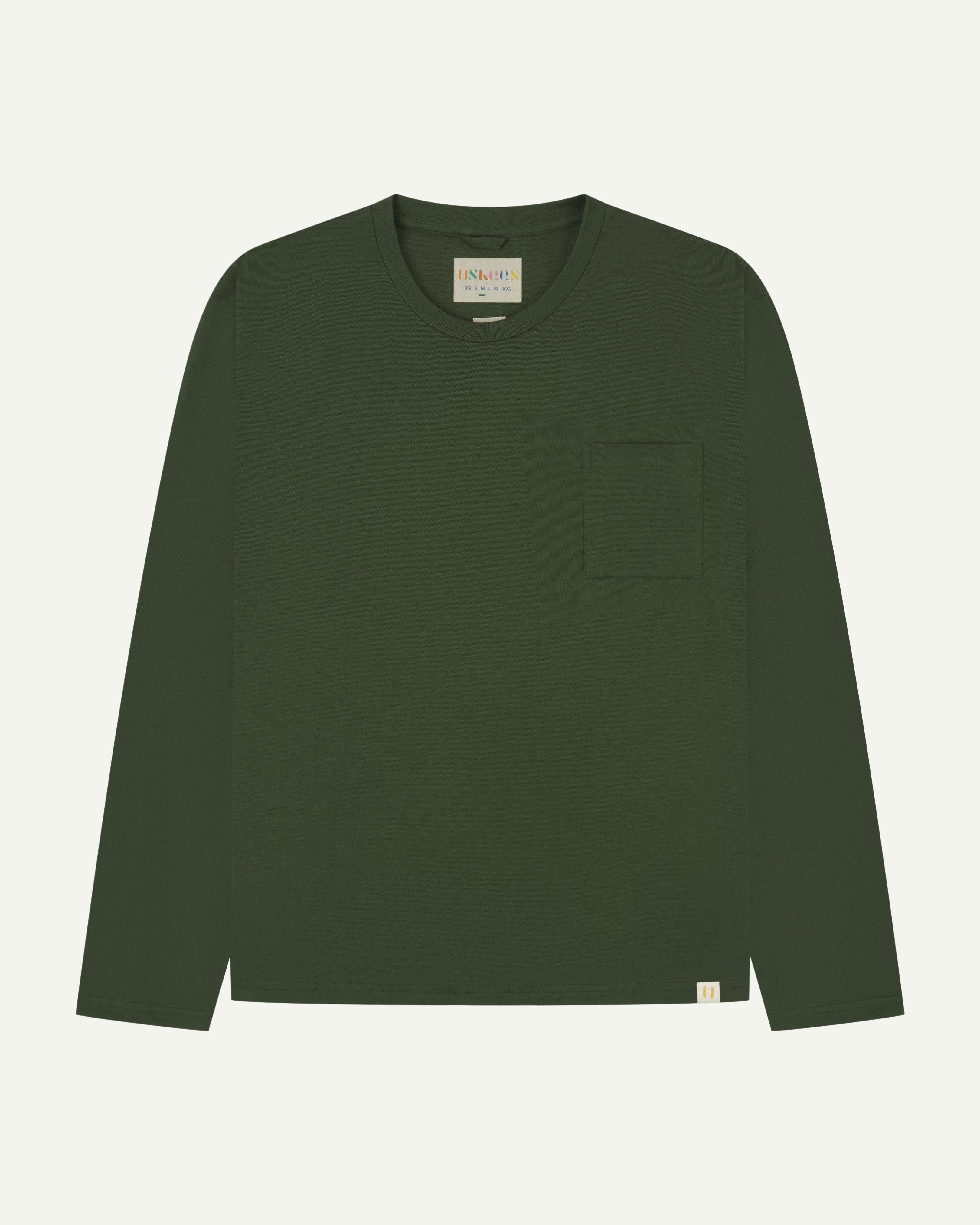 Front flat shot of long sleeve Uskees t-shirt in coriander green showing breast pocket and discreet Uskees branding at hem