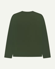 Back flat shot of long sleeve Uskees t-shirt in coriander green made from soft organic cotton jersey