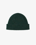 Full view of Uskees 4003 'mallard green' speckled donegal wool hat showing the adjustable cuff.