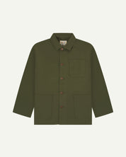 Front view of uskees mid-green canvas men's overshirt presented buttoned up showing the 3 front pockets.