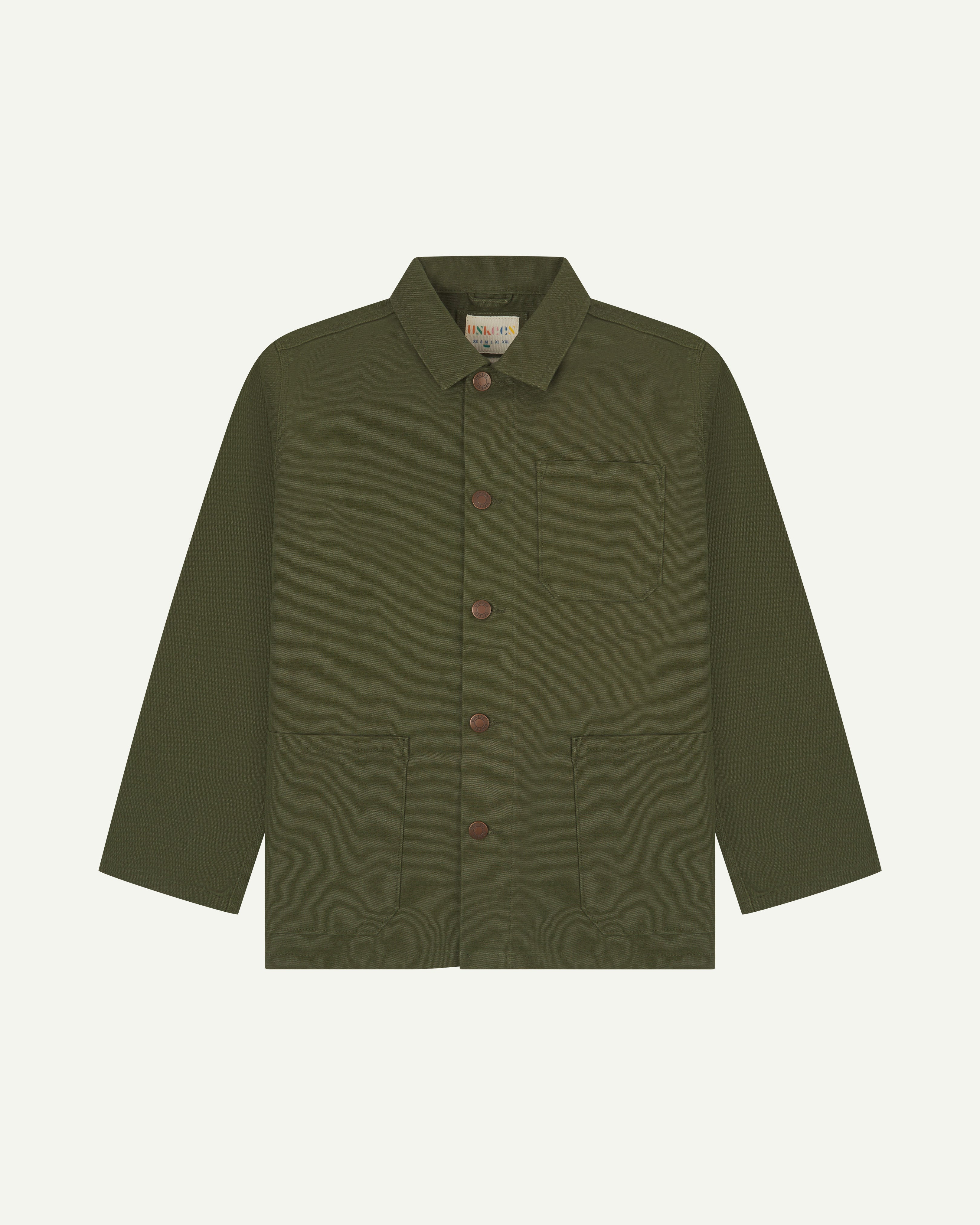Front view of uskees mid-green canvas men's overshirt presented buttoned up showing the 3 front pockets.