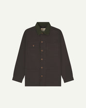 Front flat shot of uskees cotton canvas chore jacket in charcoal with a green collar. Clear view of the pockets and buttons.