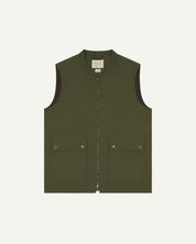 front flat shot of uskees #3028 green zip front vest waistcoat in cotton canvas showing the front patch pockets and inner brand label at neck