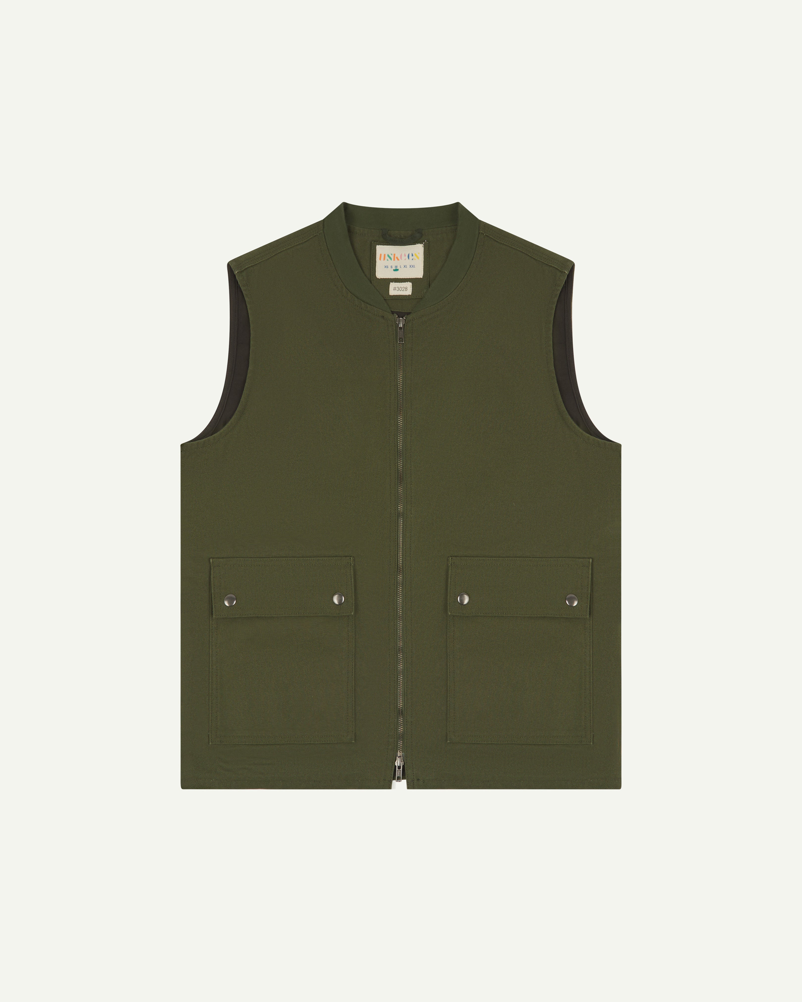 front flat shot of uskees #3028 green zip front vest waistcoat in cotton canvas showing the front patch pockets and inner brand label at neck